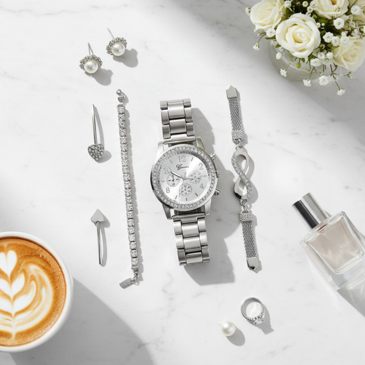 Women’s Silver Classic Quartz Watch & Bracelet Set (4-Piece)