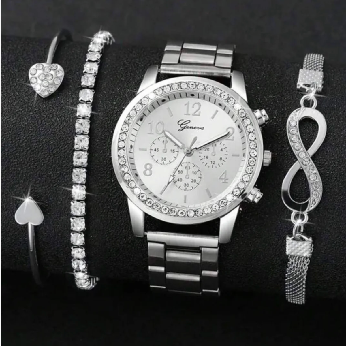Women’s Silver Classic Quartz Watch & Bracelet Set (4-Piece)