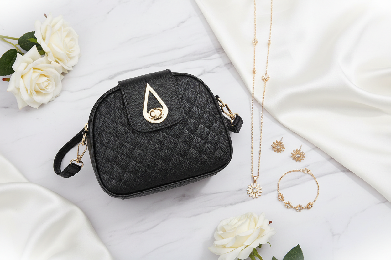 Crossbody Bag with Gold Daisy Jewellery Set Banner